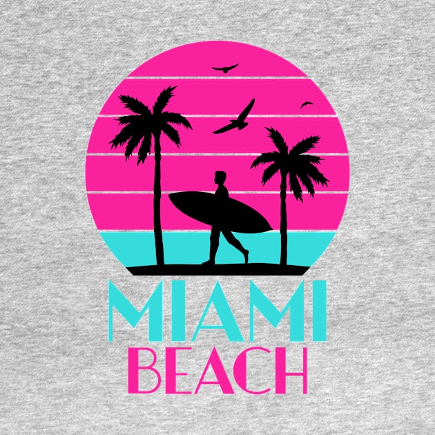 Miami beach palm tree and sufer by Cute Tees Kawaii